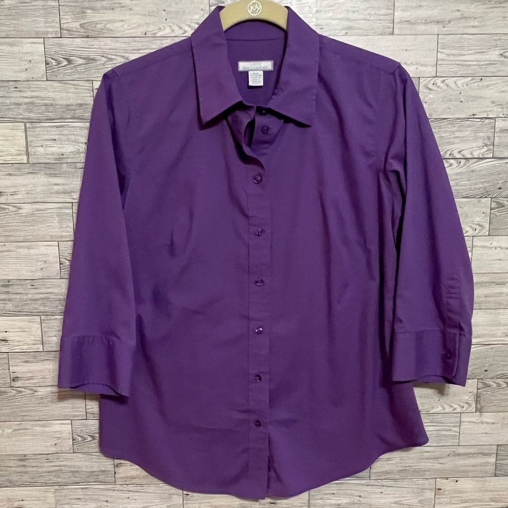 Lady Hathaway Purple Medium Collared Top Button Up 3/4 Sleeve Blouse‎ Career Mod